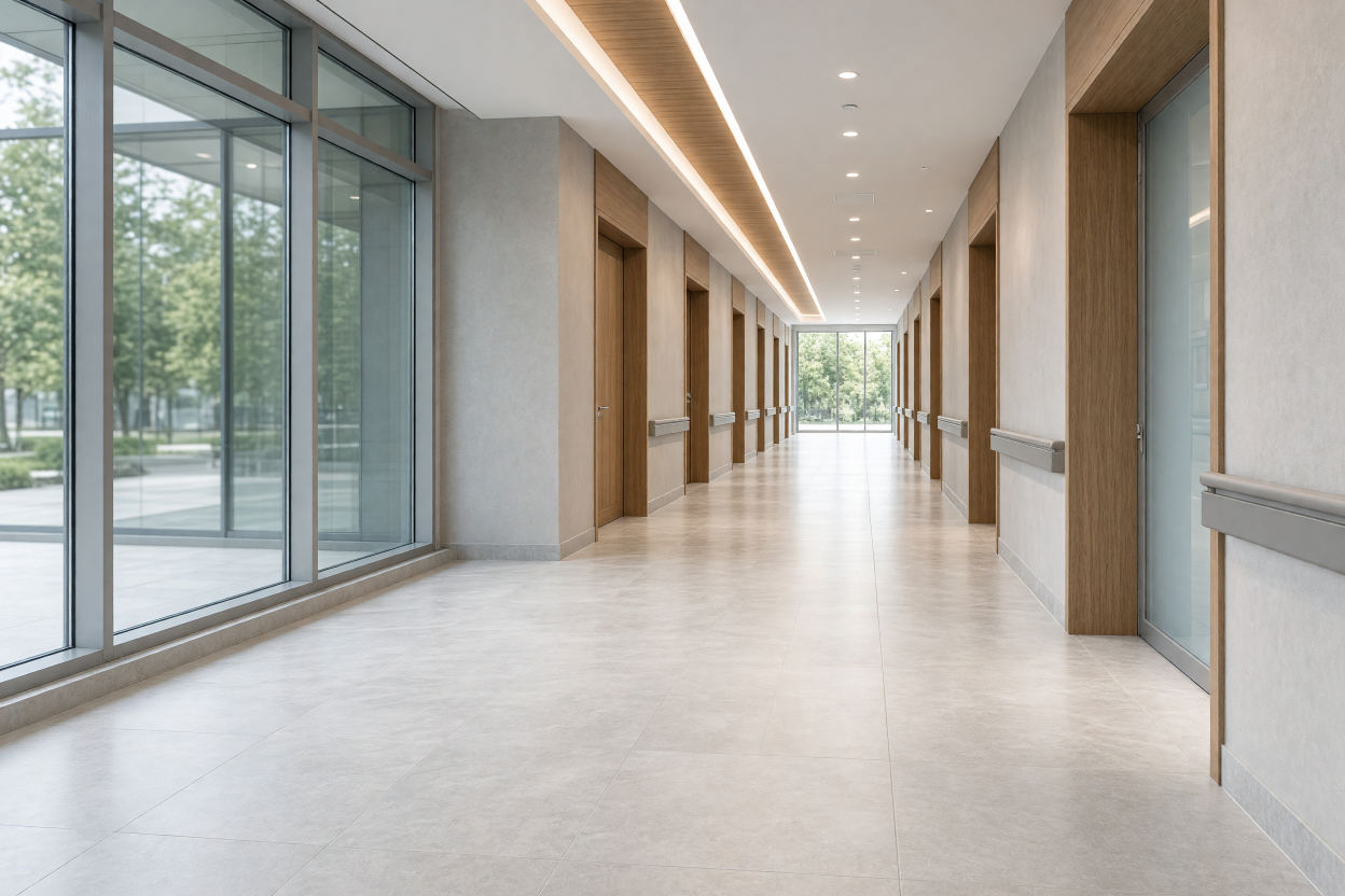 Hospital corridor with a large-format porcelain floor and daylight from a glass wall