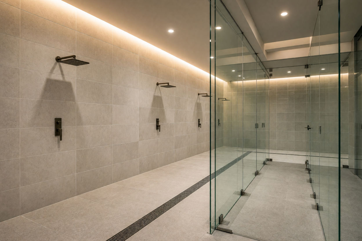 Tiled locker-room shower with glass partitions and a linear drain