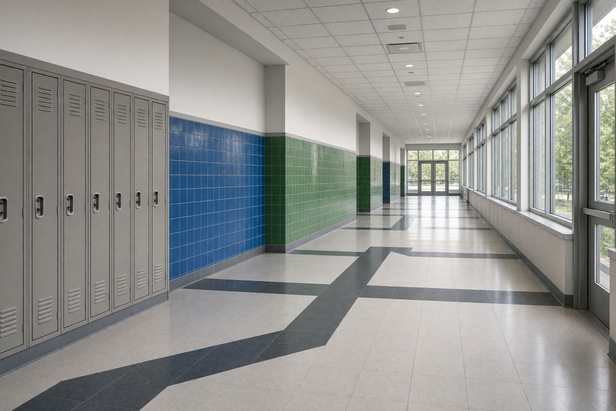 School corridor with blue and green glazed wall tile and a terrazzo-look floor