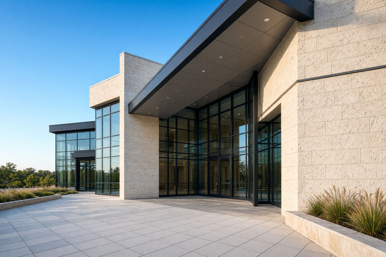 Limestone-clad building entrance with a stone paver plaza under a clear sky