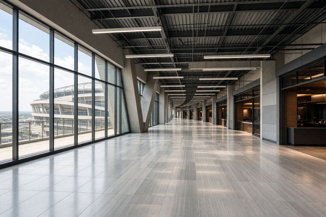 Large-format porcelain floor in a daylit commercial concourse