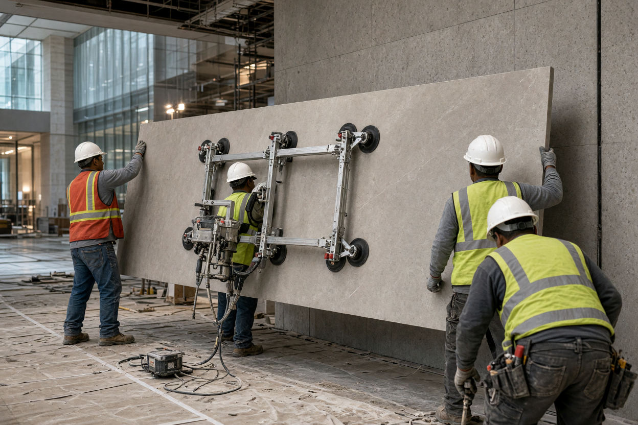 A crew in hard hats setting a gauged porcelain panel on a lobby wall with a vacuum lifting frame