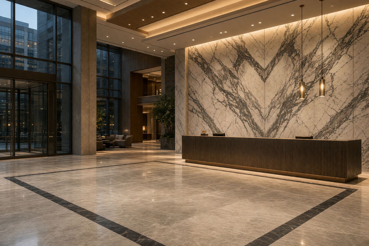 Polished marble lobby floor with a bookmatched stone wall behind the reception desk