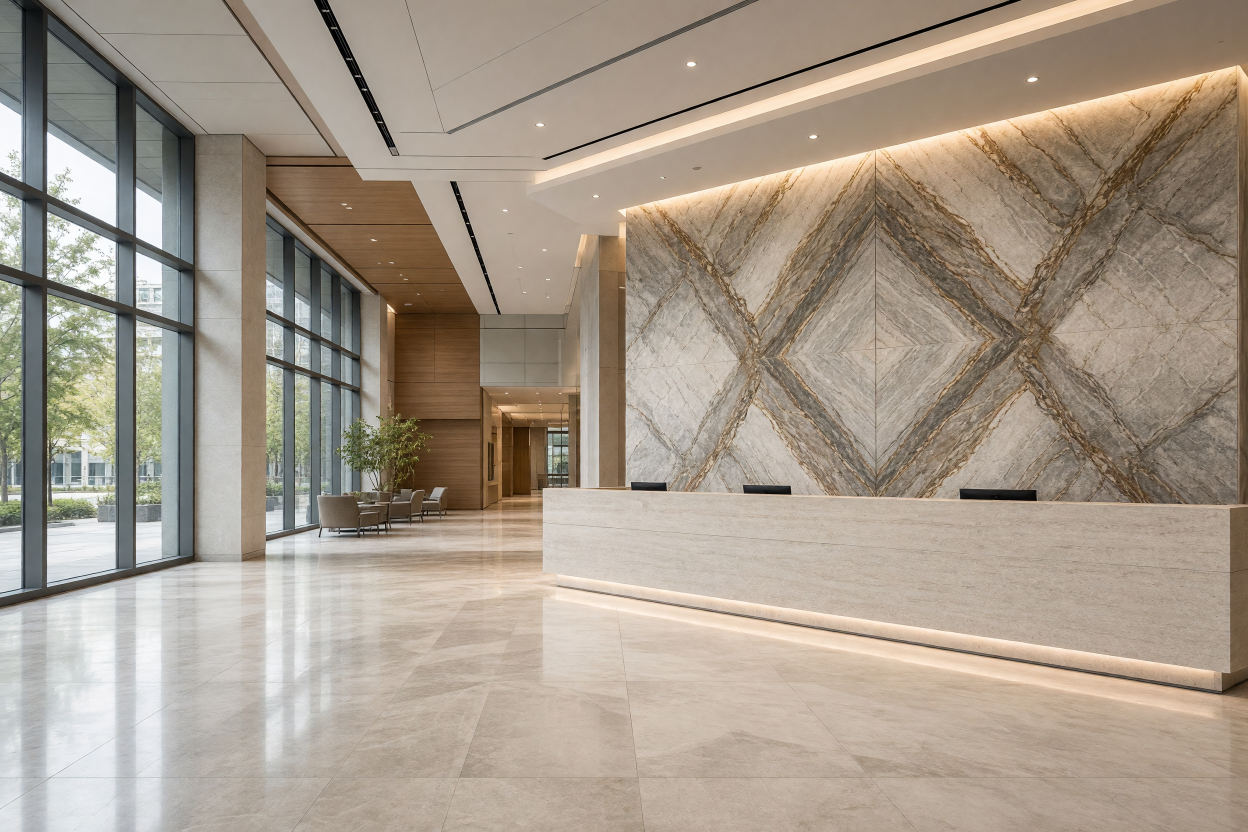 Bookmatched marble slabs on a lobby wall, lit from above